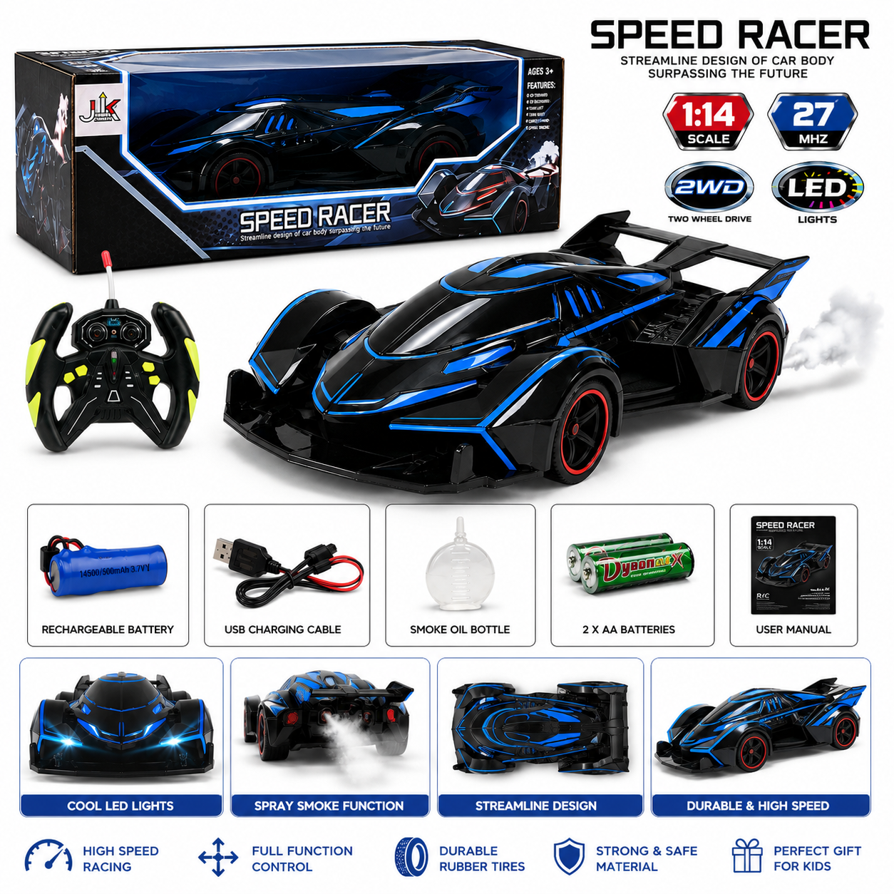 Speed Racer RC Car with Spray Smoke & LED Lights (1:14 Scale)