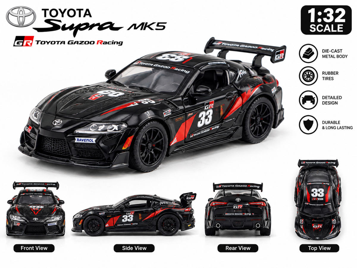 Toyota GR Racing Supra MK5 Die Cast Metal Model Car 1:32 Scale – Pull Back Toy Car for Kids & Collectors