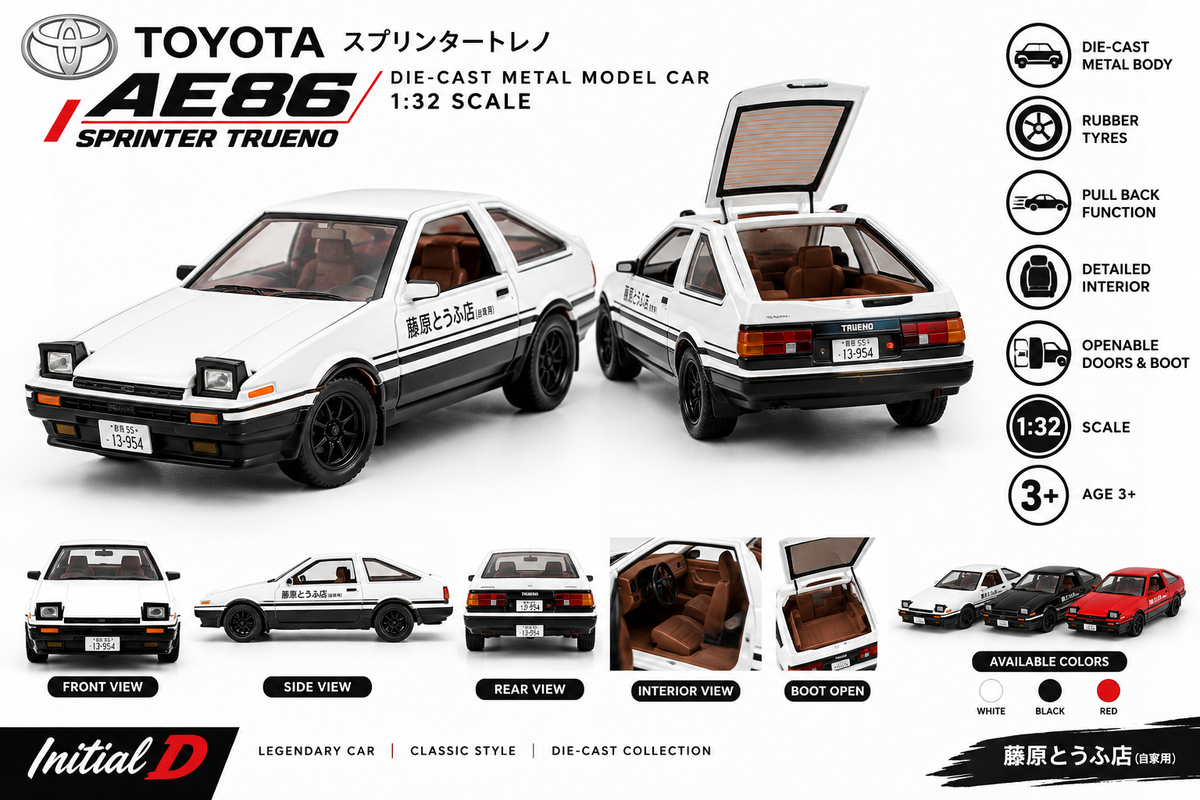 1:32 Scale Toyota AE86 Trueno Die Cast Model Car – Metal Body, Openable Doors & Hood, Collectible Toy Car