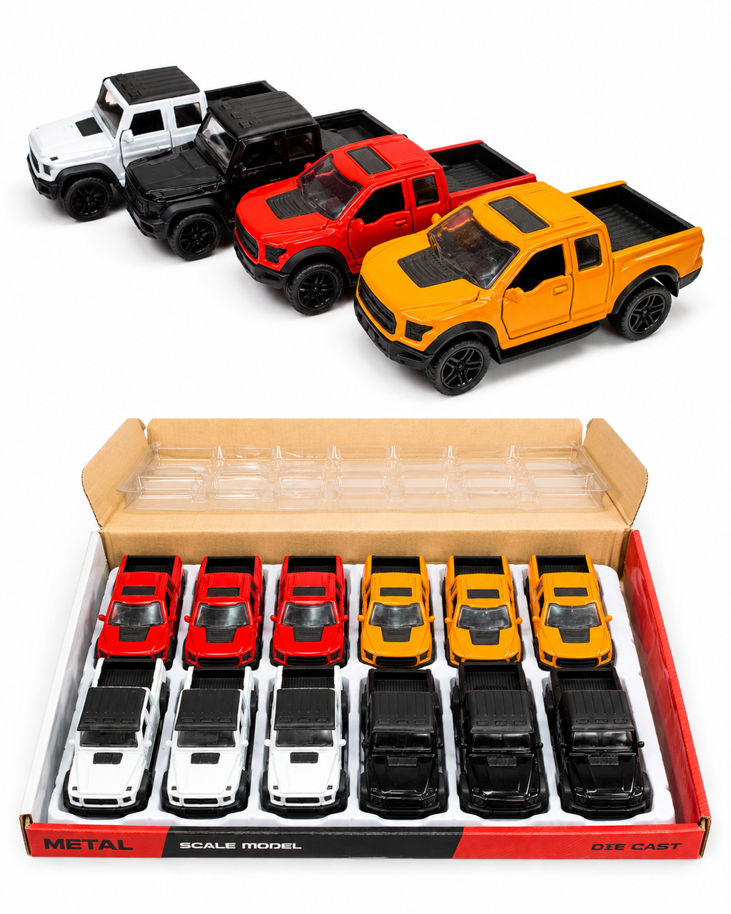 1:43 Scale Diecast Metal Pickup Truck – Pack of 4 | Pull Back | Openable Doors