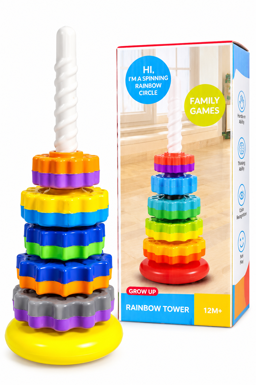 Rainbow Tower Spinning Circle Stacking Educational Toy for Kids 12M+